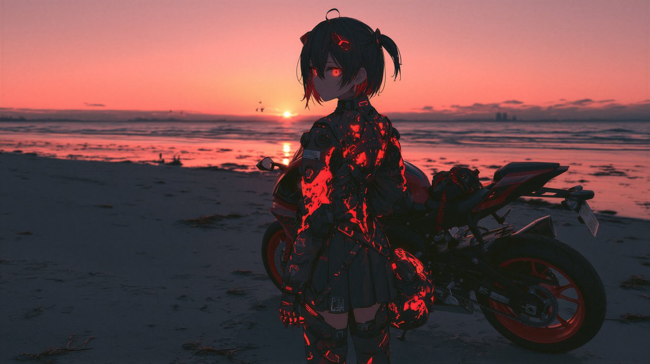 A young woman stands confidently beside a sportbike on a beach at sunset.