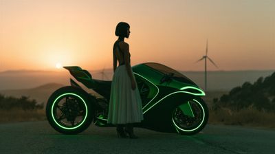 A futuristic woman stands proudly beside her glowing motorcycle against a stunning sunset backdrop.