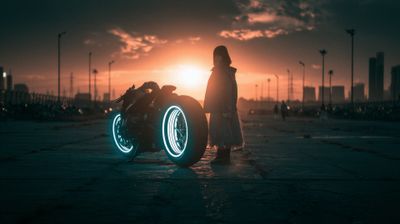 A lone figure stands silhouetted against a vibrant sunset, next to a futuristic motorcycle.