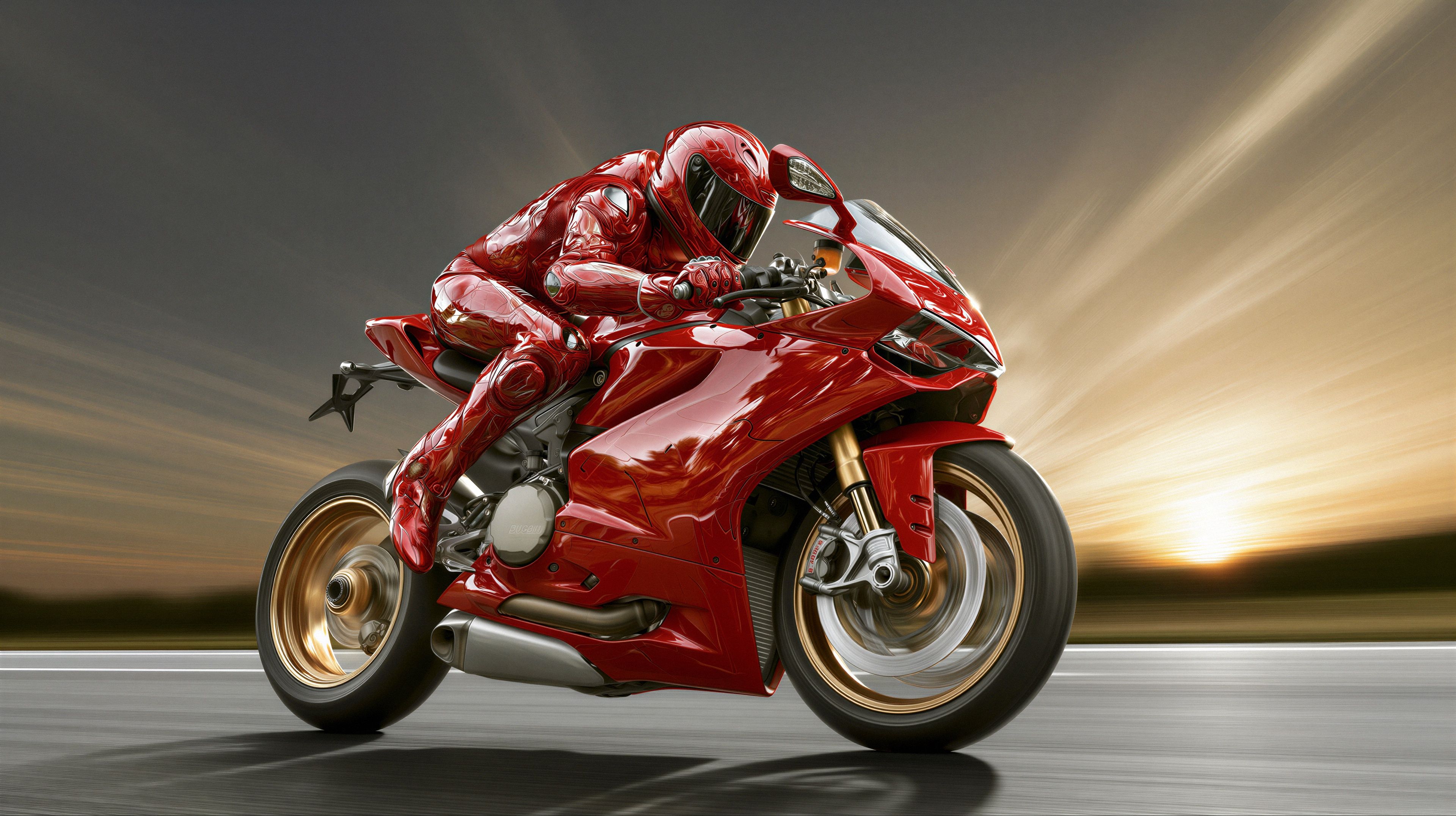 A dynamic image of a rider speeding on a red Ducati motorcycle against a blurred sunset backdrop.