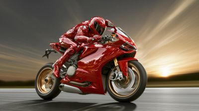 A dynamic image of a rider speeding on a red Ducati motorcycle against a blurred sunset backdrop.