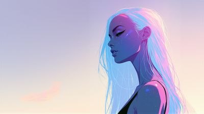 A portrait of a young woman with vibrant, neon-colored hair against a pastel sky.