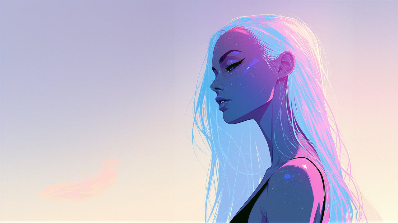 A portrait of a young woman with vibrant, neon-colored hair against a pastel sky.