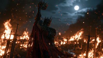 A triumphant figure stands amidst a battlefield engulfed in flames, raising a crown to the moonlit sky.