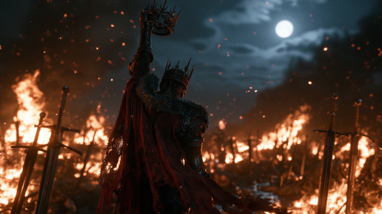 A triumphant figure stands amidst a battlefield engulfed in flames, raising a crown to the moonlit sky.