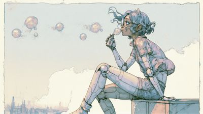 A contemplative cyborg enjoys a moment of peace overlooking a futuristic cityscape.