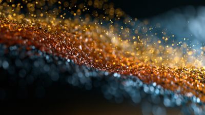 A dynamic, abstract image depicting a flowing, textured form composed of light and particles.