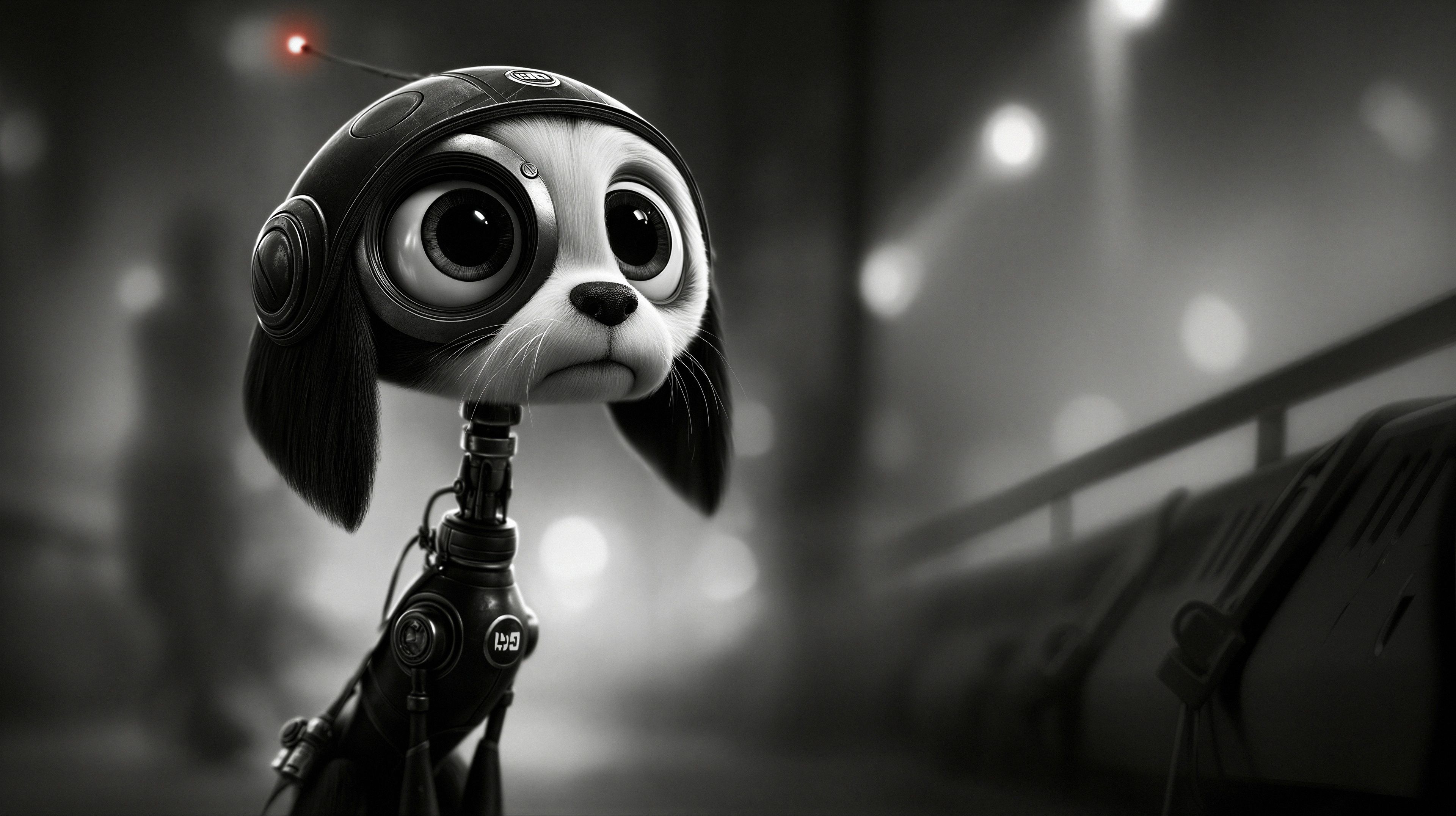 A detailed image of a robotic puppy wearing a pilot's helmet, looking forlorn against a futuristic cityscape backdrop.