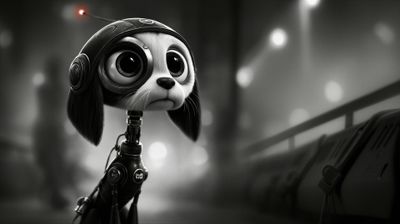 A detailed image of a robotic puppy wearing a pilot's helmet, looking forlorn against a futuristic cityscape backdrop.