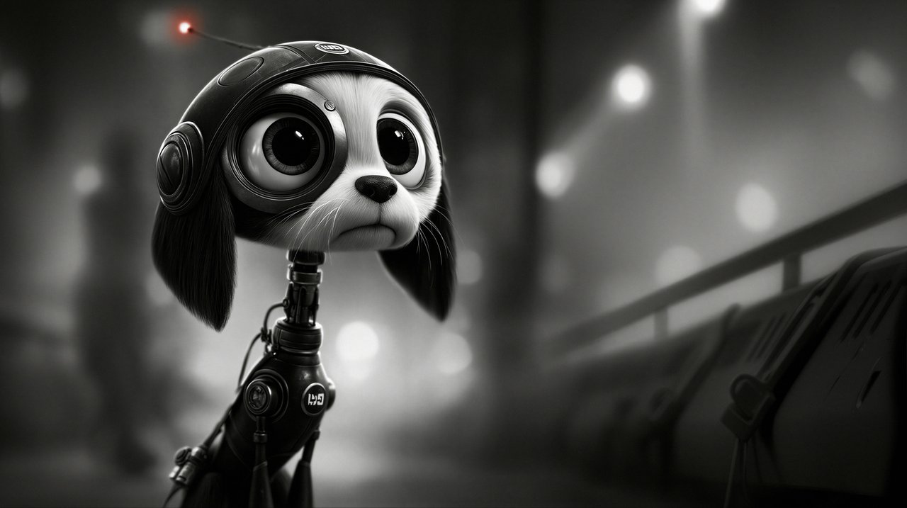 A detailed image of a robotic puppy wearing a pilot's helmet, looking forlorn against a futuristic cityscape backdrop.