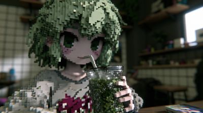 A pixel art portrait of a young woman enjoying a drink in a cozy cafe setting.