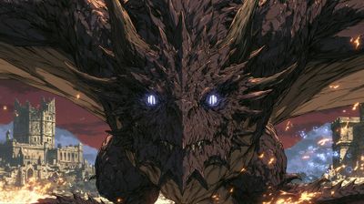A majestic dragon looms over a burning city, its eyes glowing with intense power.