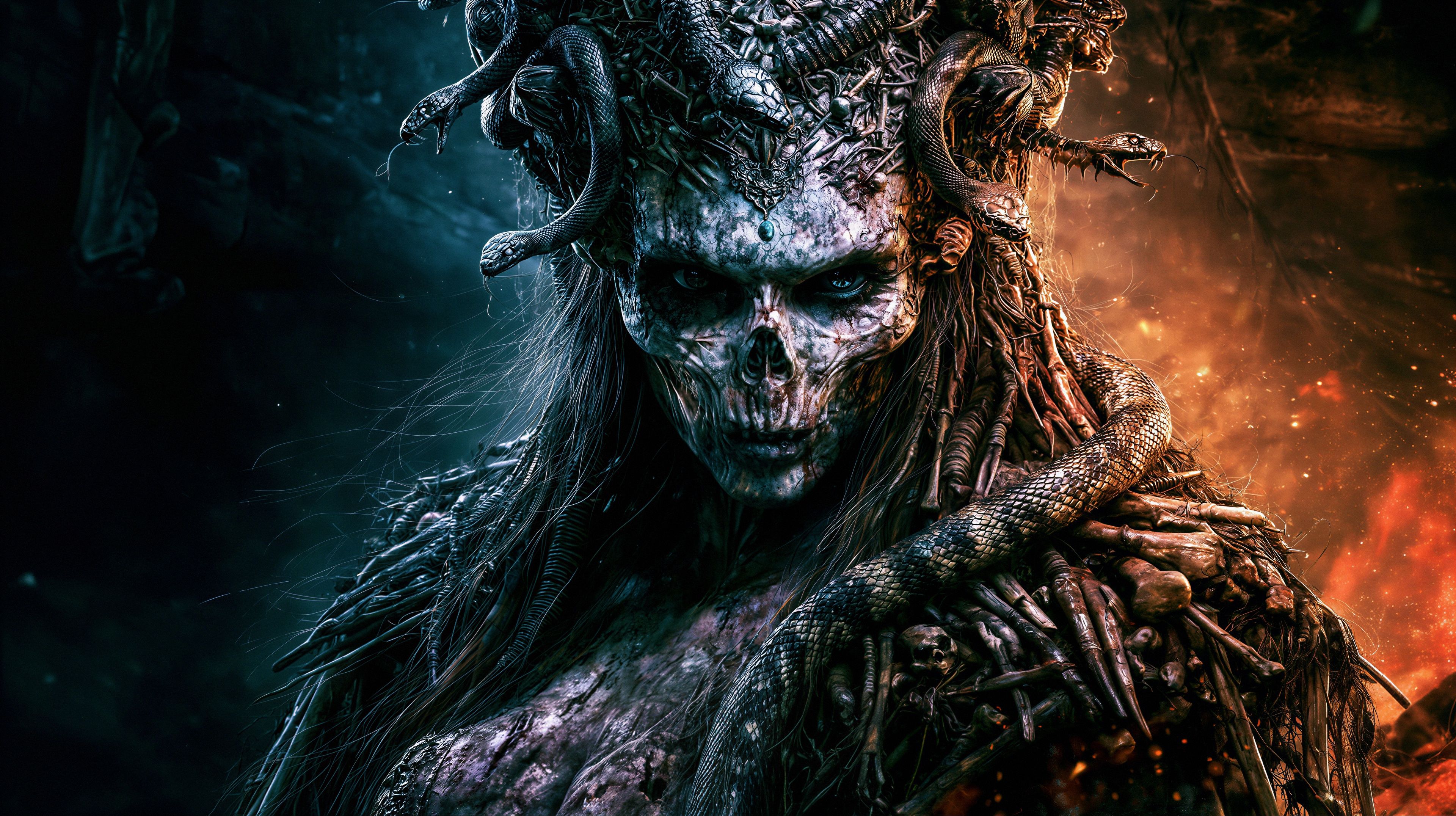 A terrifying depiction of a skeletal figure entwined with snakes, set against a fiery backdrop.
