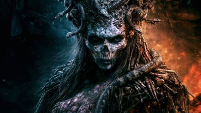 A terrifying depiction of a skeletal figure entwined with snakes, set against a fiery backdrop.