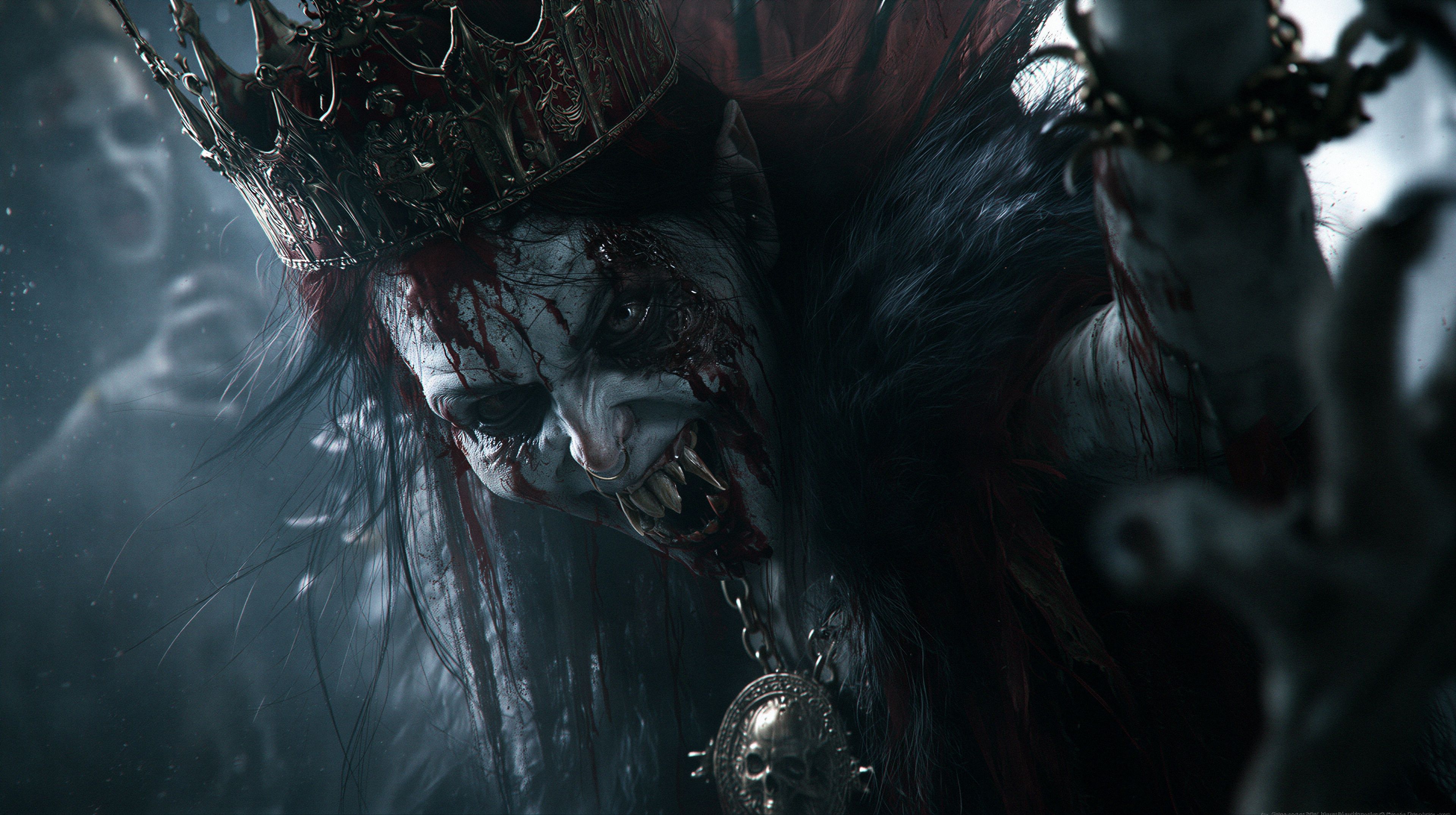 A terrifying portrait of a vampire queen, adorned with a crown and chains, radiating power and menace.