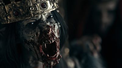 A horrifying portrait of a crowned zombie with a mouth full of blood.