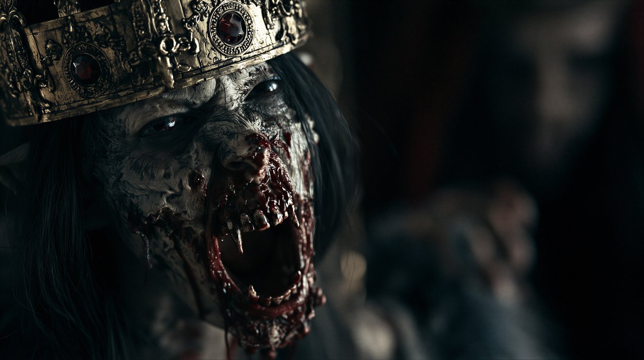 A horrifying portrait of a crowned zombie with a mouth full of blood.