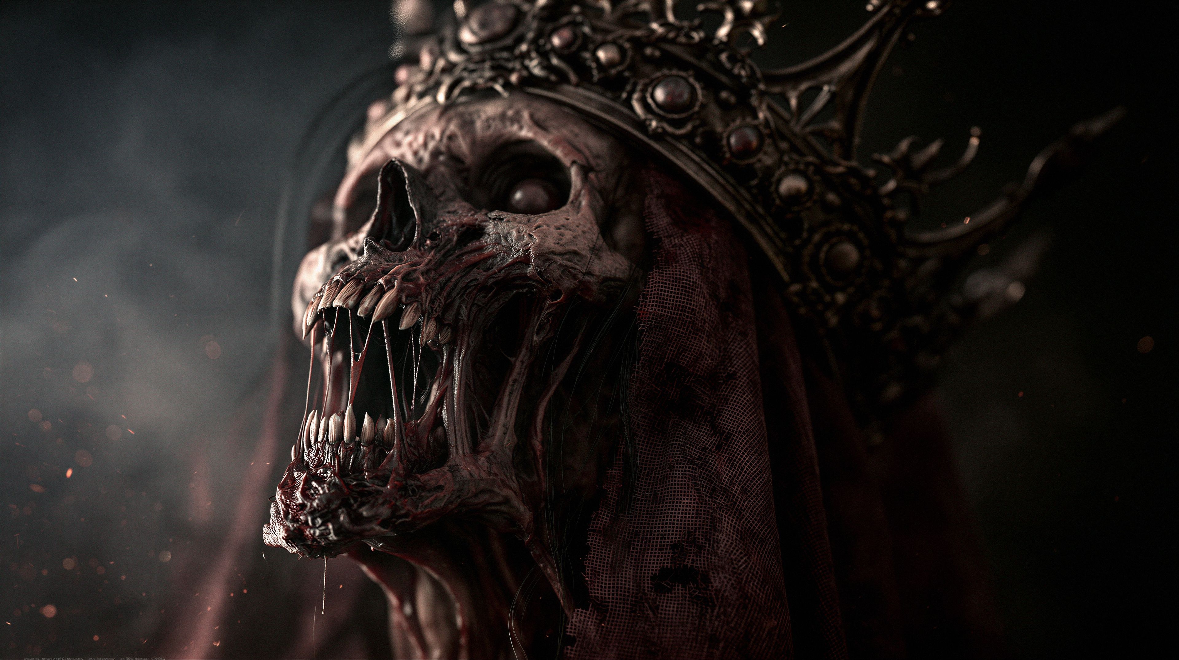 A horrifying depiction of a skeletal monarch adorned with a decaying crown, symbolizing the corruption of power and the inevitability of death.