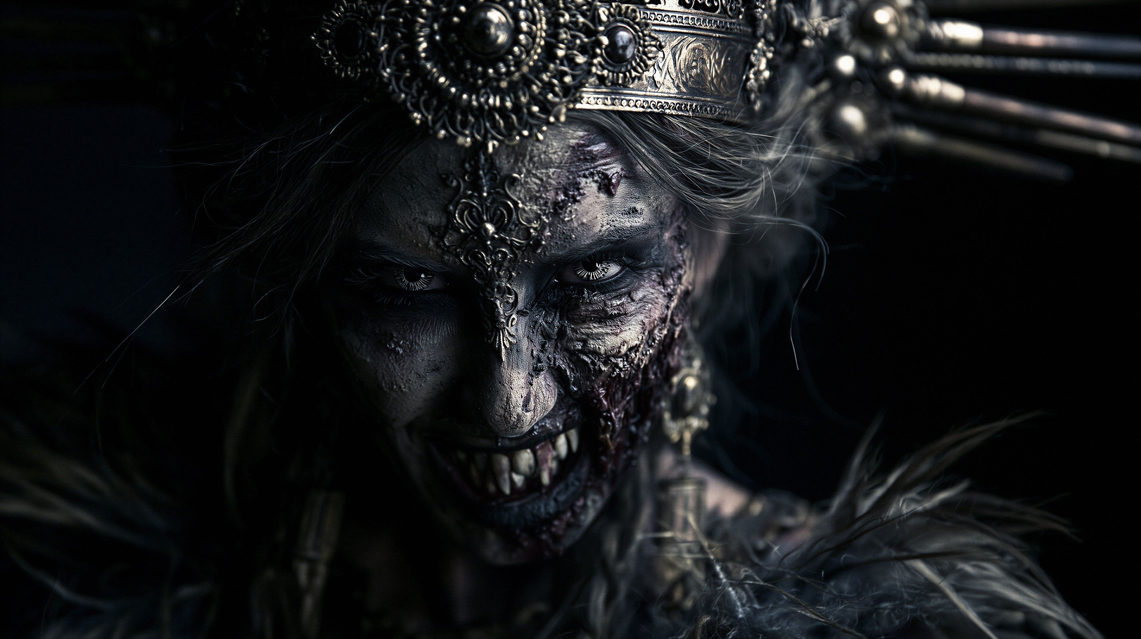 A haunting portrait of a regal figure consumed by decay and adorned with a macabre crown.
