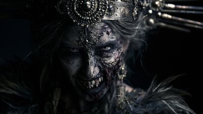 A haunting portrait of a regal figure consumed by decay and adorned with a macabre crown.