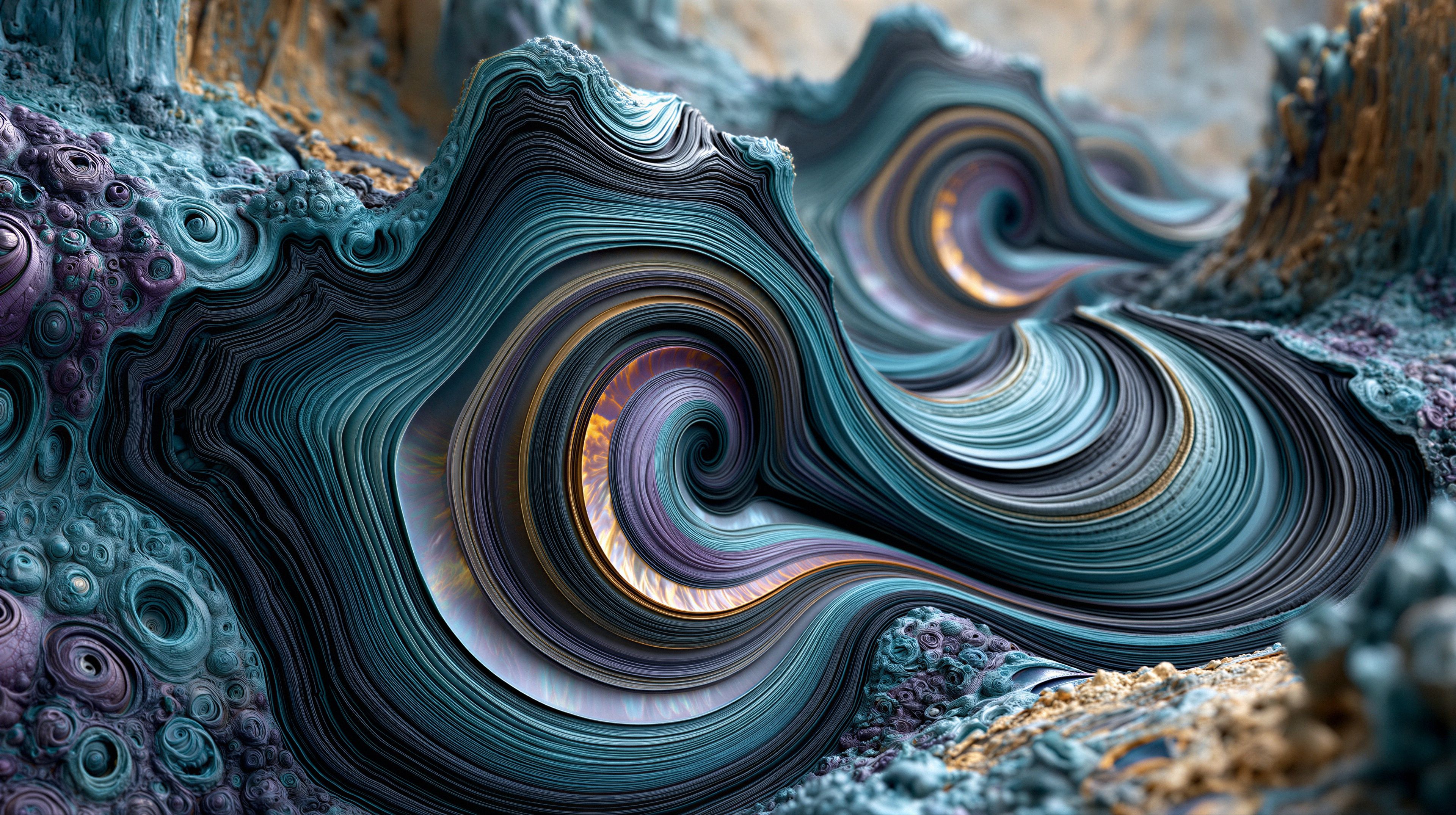 A mesmerizing abstract image showcasing swirling, layered forms in a vibrant color palette.