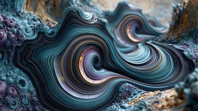 A mesmerizing abstract image showcasing swirling, layered forms in a vibrant color palette.