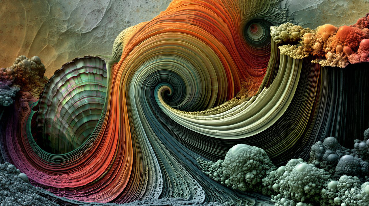 A mesmerizing fractal image showcasing a swirling vortex of vibrant colors and intricate details.