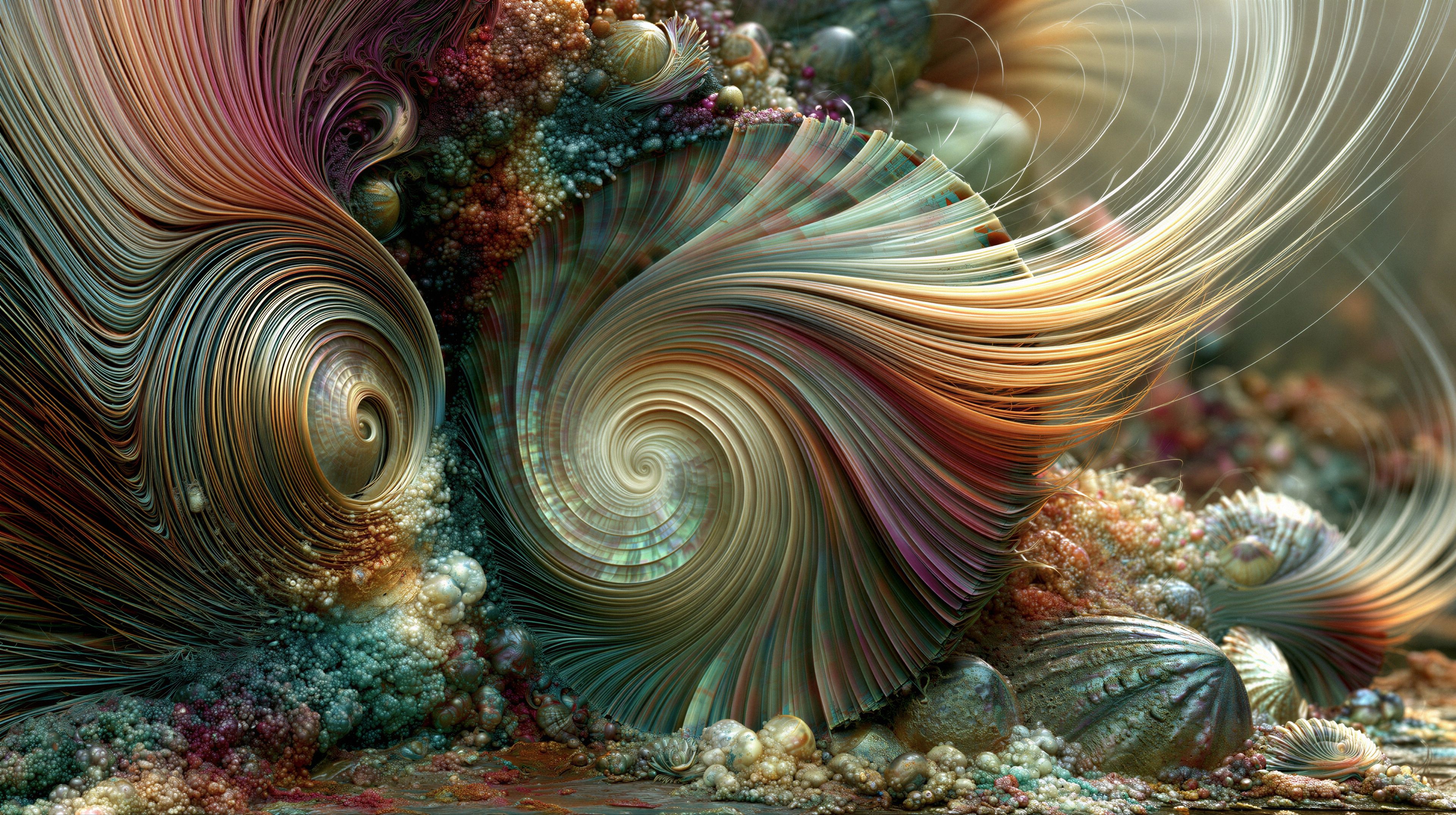 A mesmerizing fractal artwork depicting a vibrant, otherworldly underwater scene.