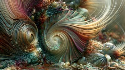 A mesmerizing fractal artwork depicting a vibrant, otherworldly underwater scene.