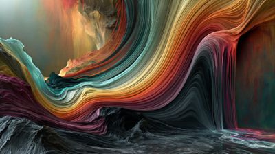 A vibrant, abstract landscape composed of swirling, layered colors.