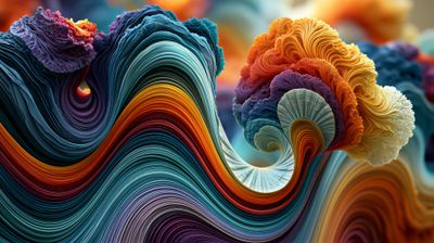 A vibrant, abstract image showcasing swirling, layered forms in a spectrum of colors.