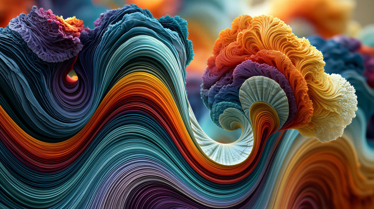 A vibrant, abstract image showcasing swirling, layered forms in a spectrum of colors.