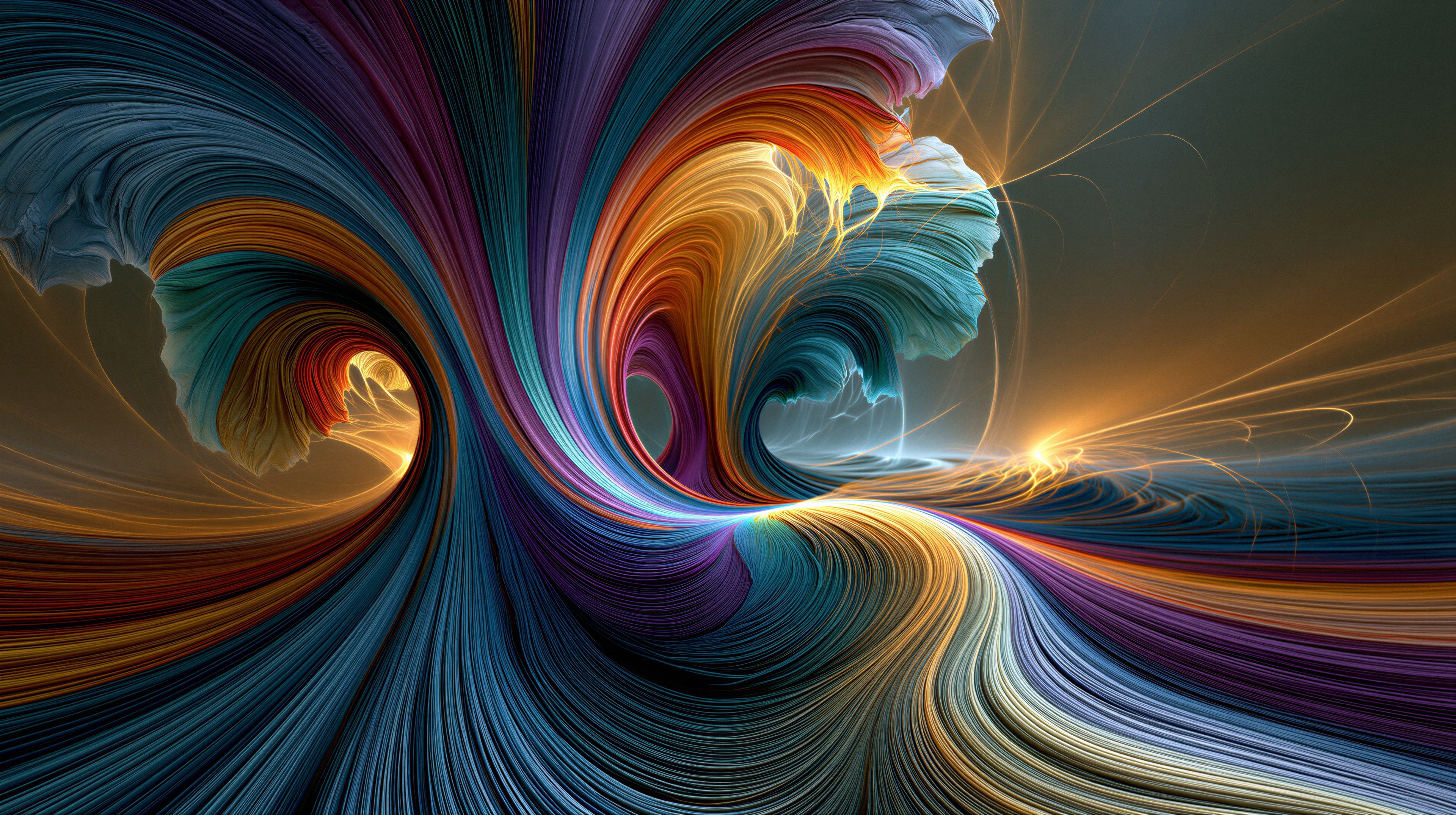 A vibrant, abstract image resembling a swirling nebula composed of colorful, flowing ribbons.