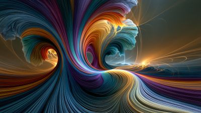 A vibrant, abstract image resembling a swirling nebula composed of colorful, flowing ribbons.