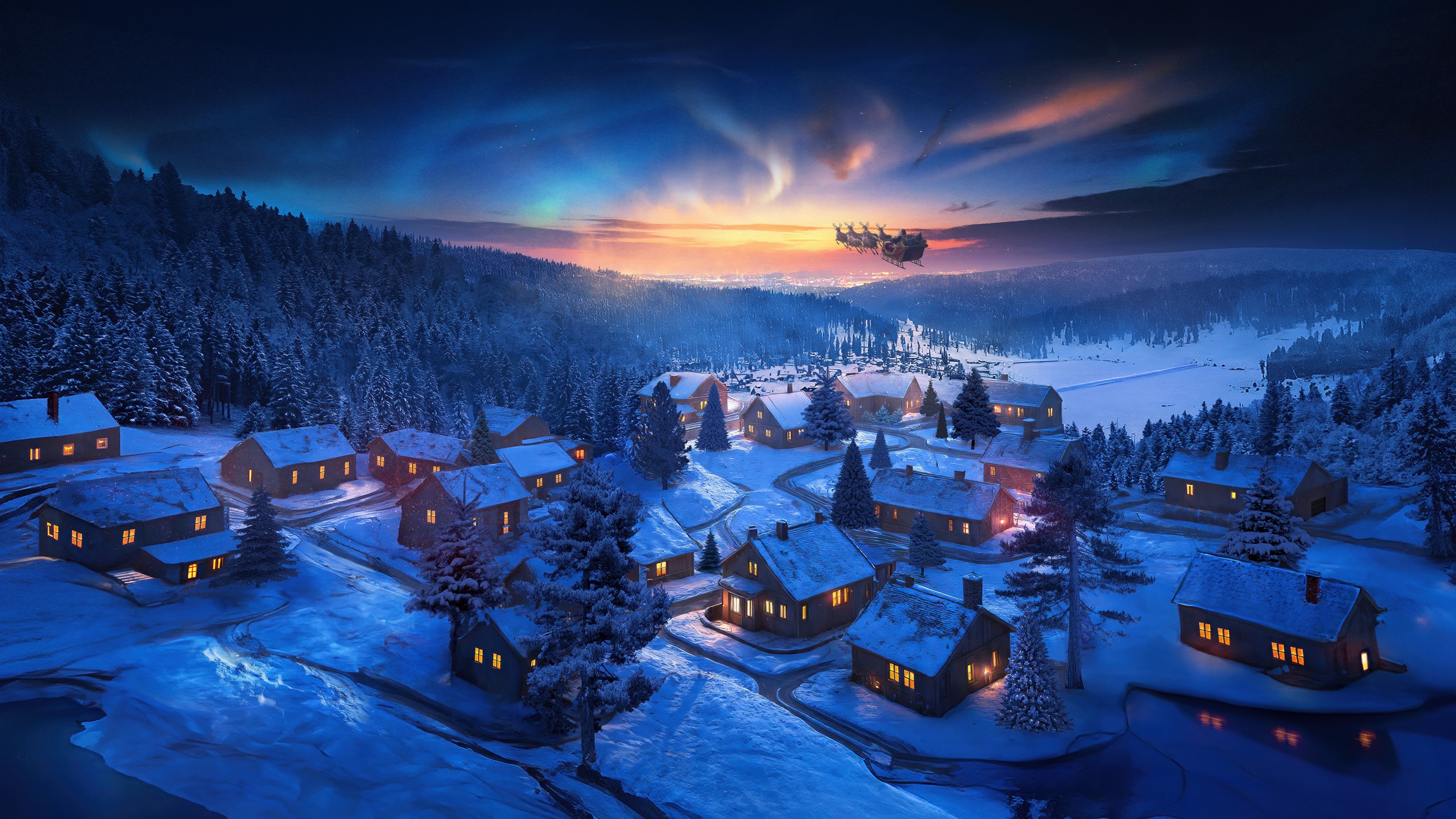 Santa Claus chariot Christmas Eve ultra HD 4K wallpaper