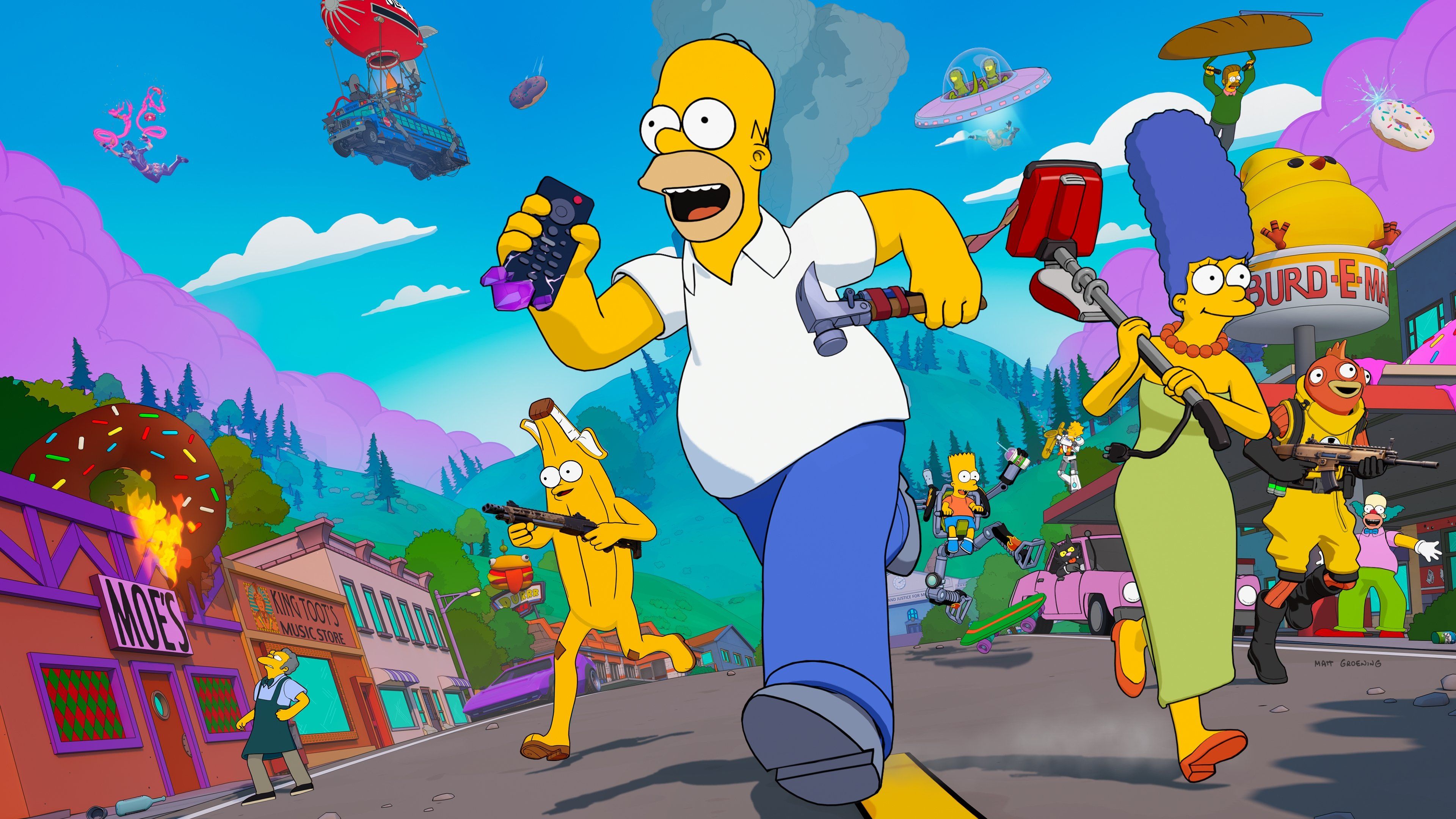 Fortnite x The Simpsons Crossover ultra HD 4K wallpaper