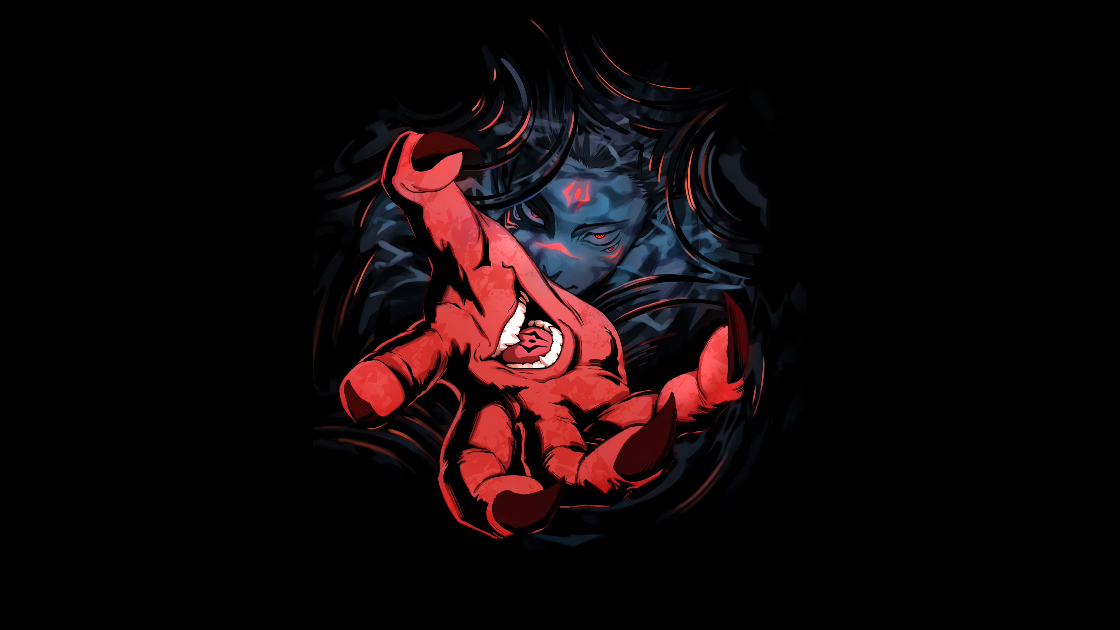 4K UHD Jujutsu Kaisen Season 4 Culling Game wallpaper featuring Sukuna on a black background, anime desktop background.