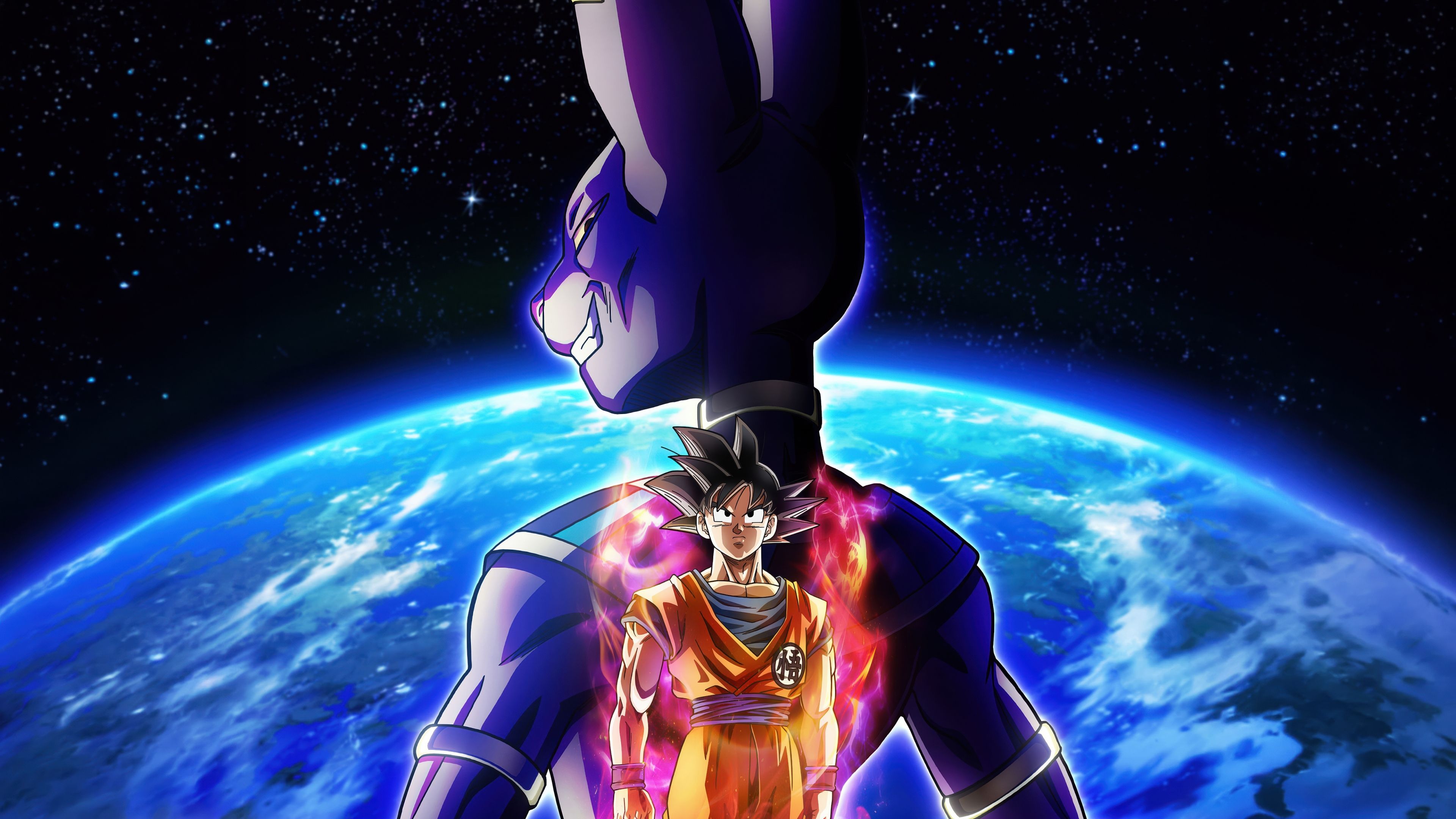 4K UHD Dragon Ball Super wallpaper featuring Beerus and Son Goku, anime series desktop background.