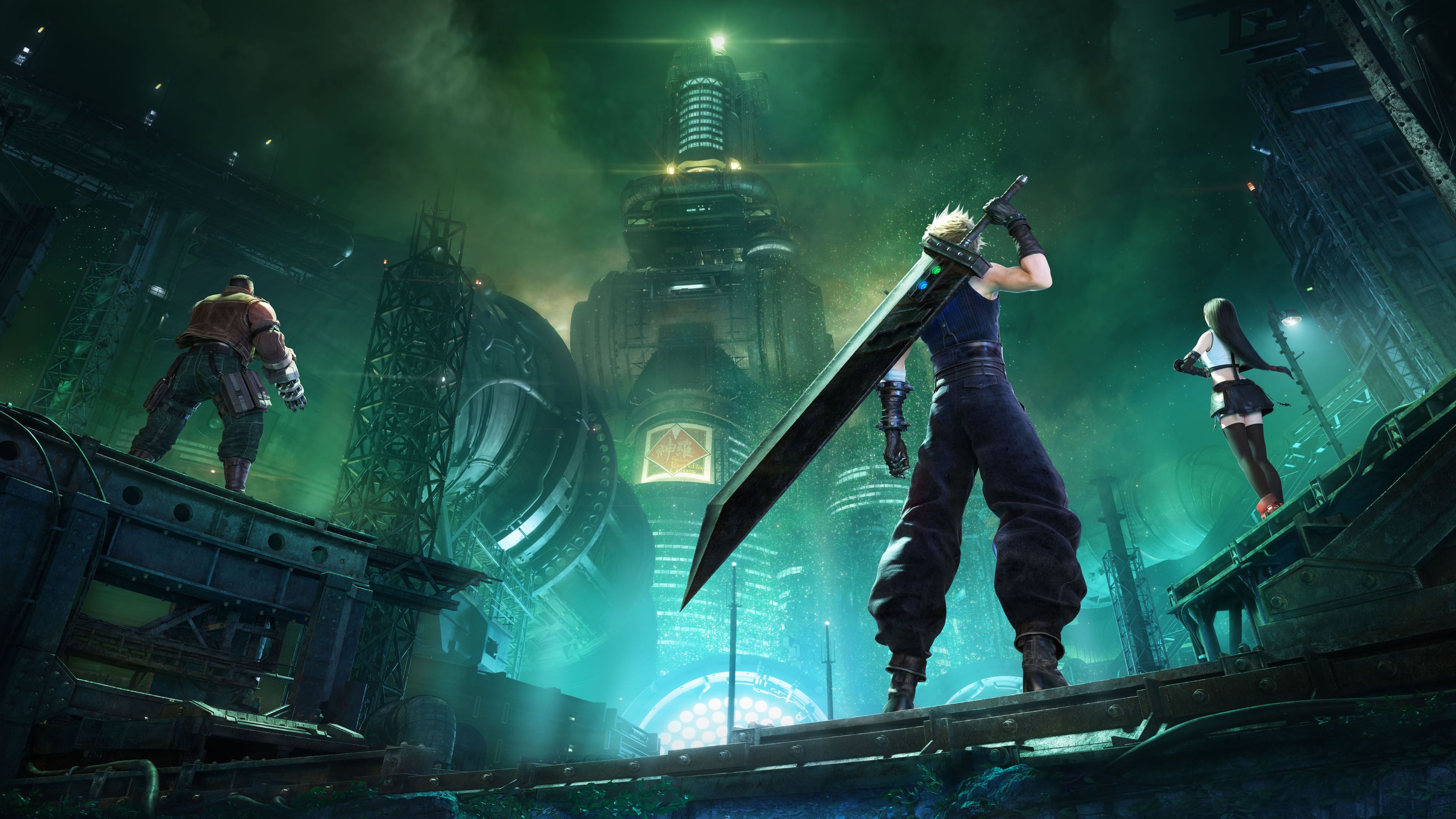 4K UHD Final Fantasy VII Revelation wallpaper featuring Shinra Headquarters with Cloud Strife and party, game art desktop background.