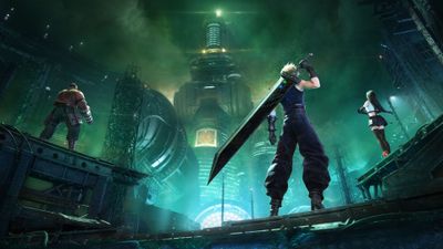4K UHD Final Fantasy VII Revelation wallpaper featuring Shinra Headquarters with Cloud Strife and party, game art desktop background.