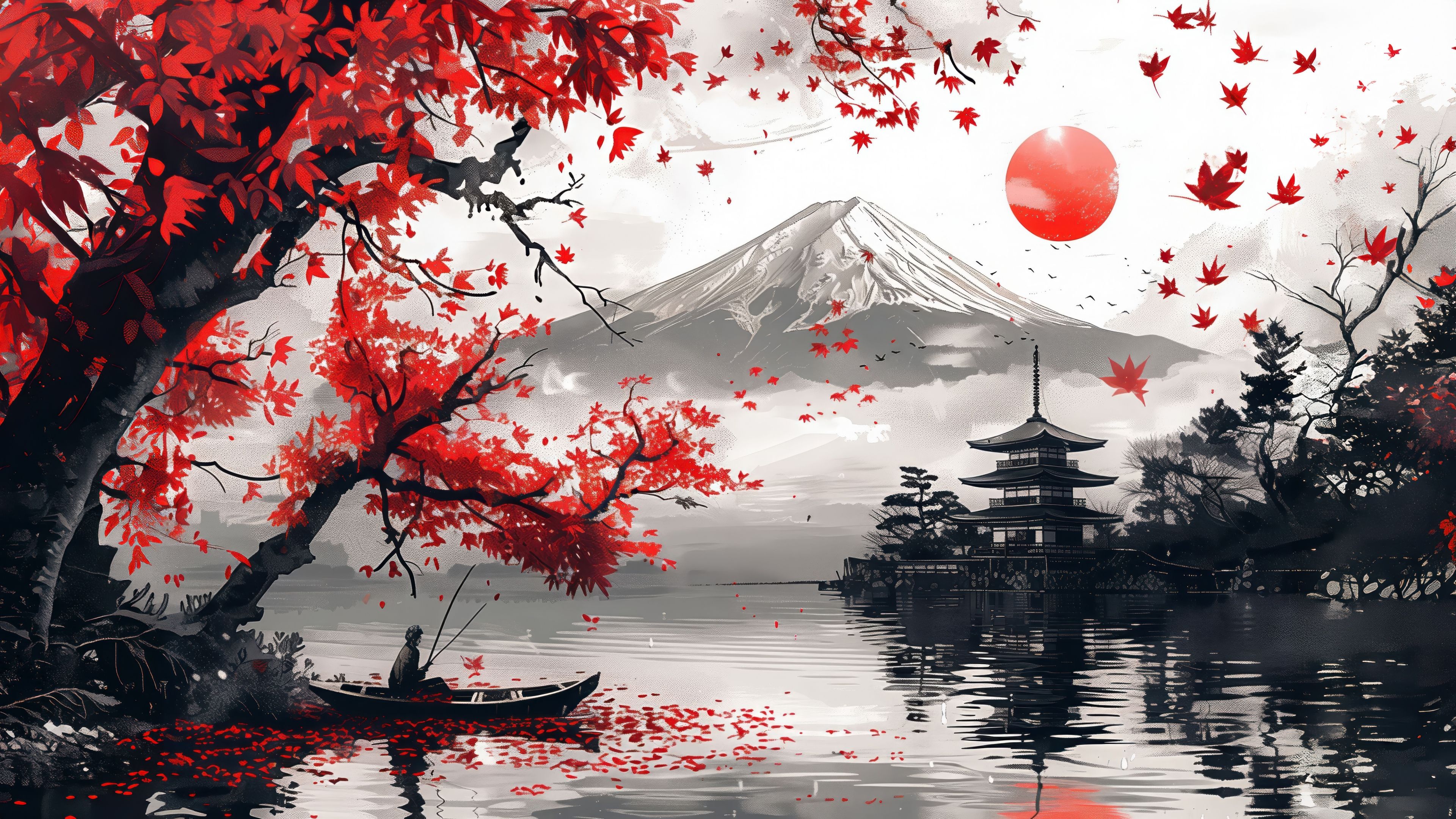 Japan Mount Fuji autumn maple pagoda artistic landscape 4K wallpaper