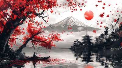 Japan Mount Fuji autumn maple pagoda artistic landscape 4K wallpaper