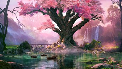Surreal cherry blossom tranquil aesthetic fantasy 4K wallpaper