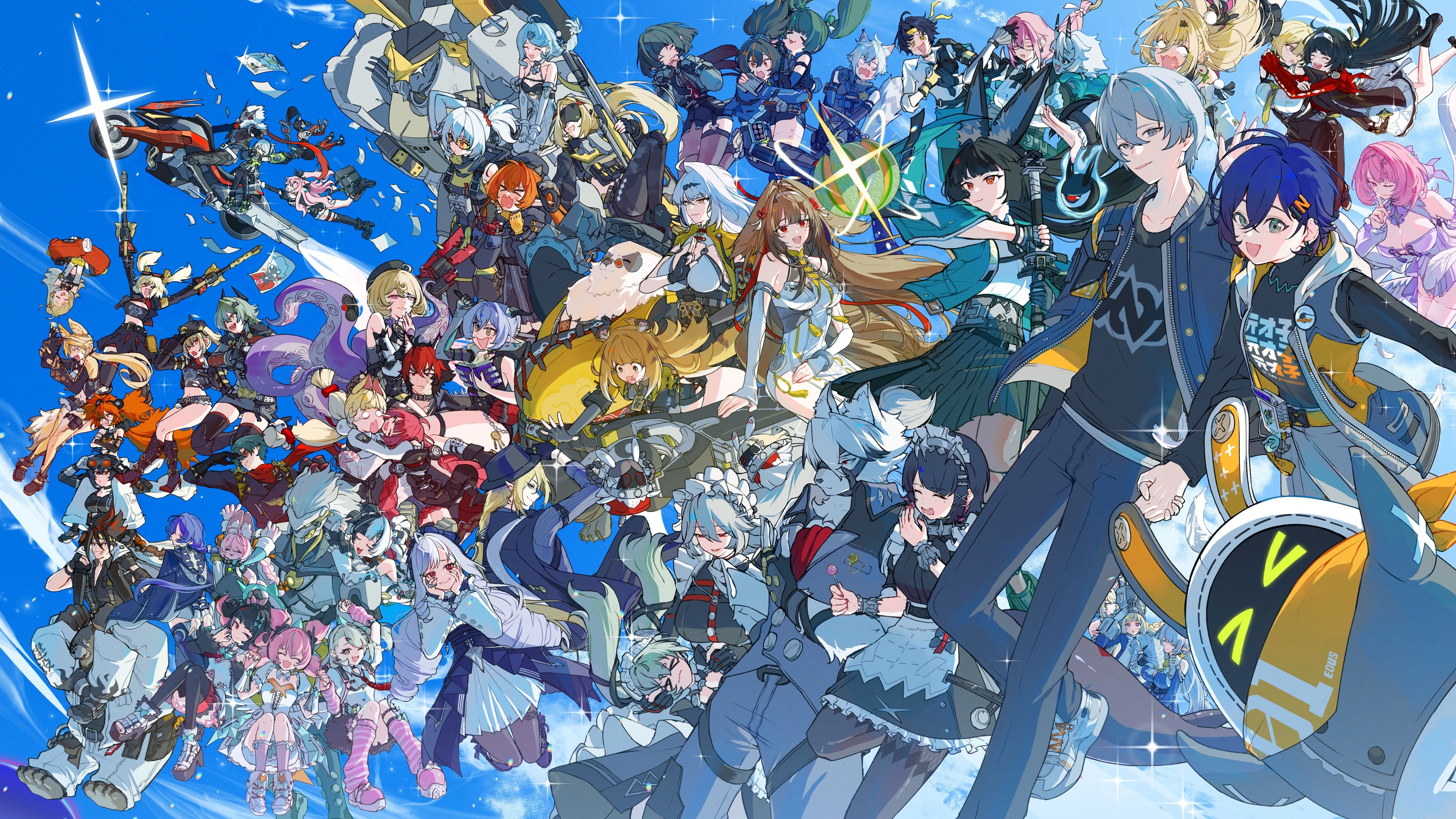 4K UHD Zenless Zone Zero (ZZZ) game wallpaper featuring a colorful ensemble of anime characters, high-resolution desktop background.