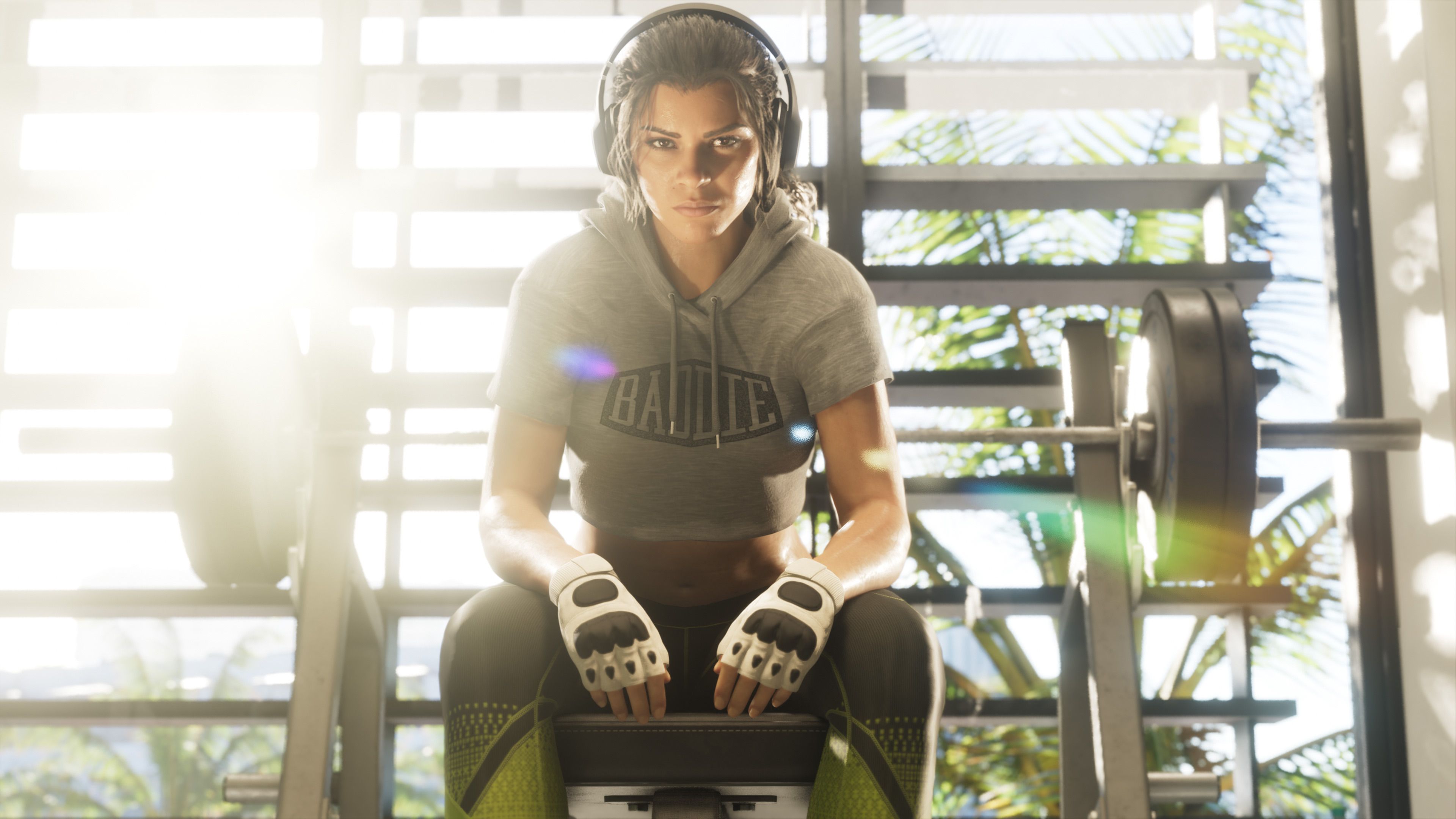 Lucia Caminos gym bench press GTA 6 Vice City 4K wallpaper