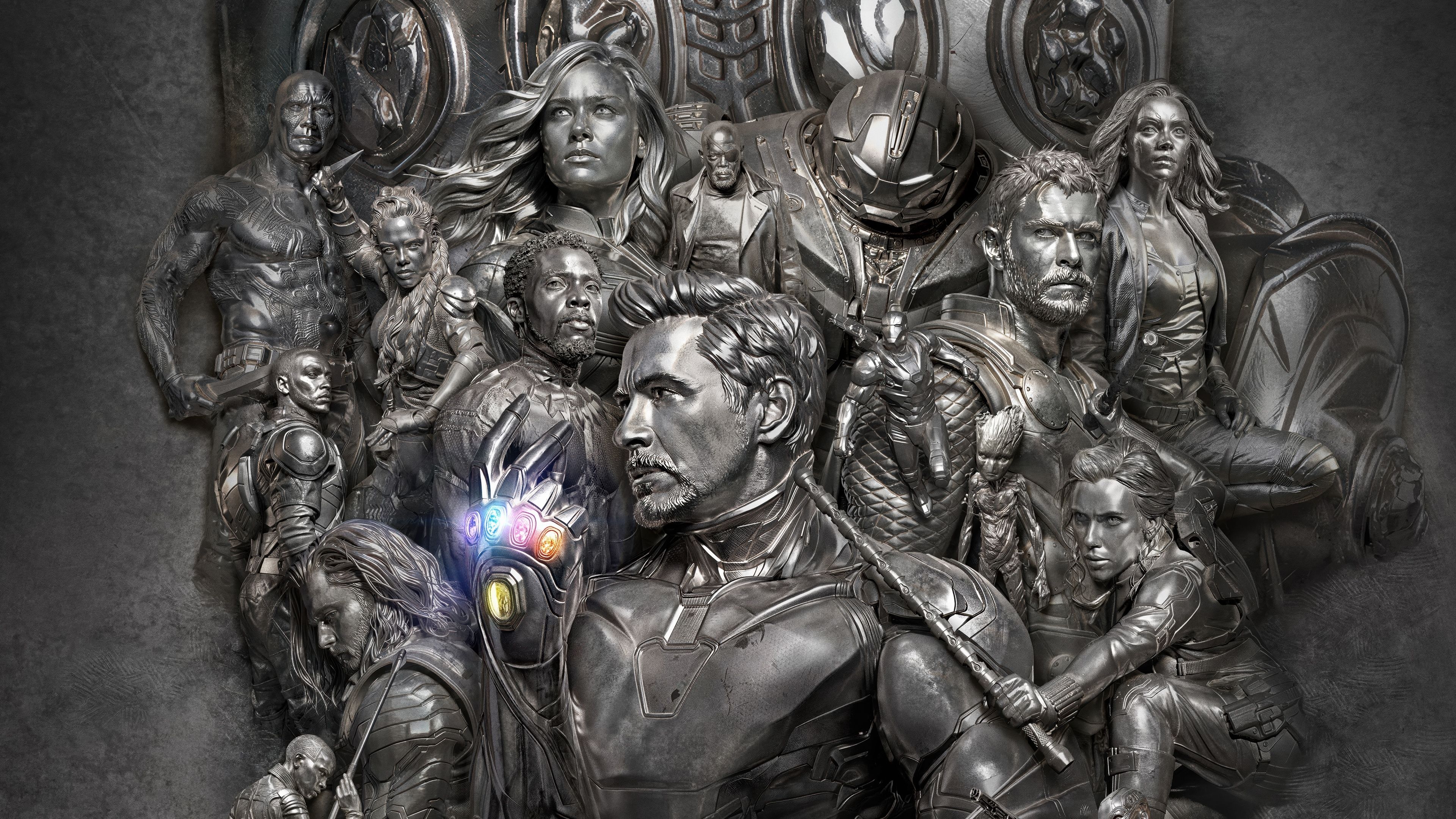 4K UHD Avengers Endgame metallic wallpaper featuring Marvel Studios Iron Man Infinity Gauntlet inspired artwork, dark cinematic desktop background.