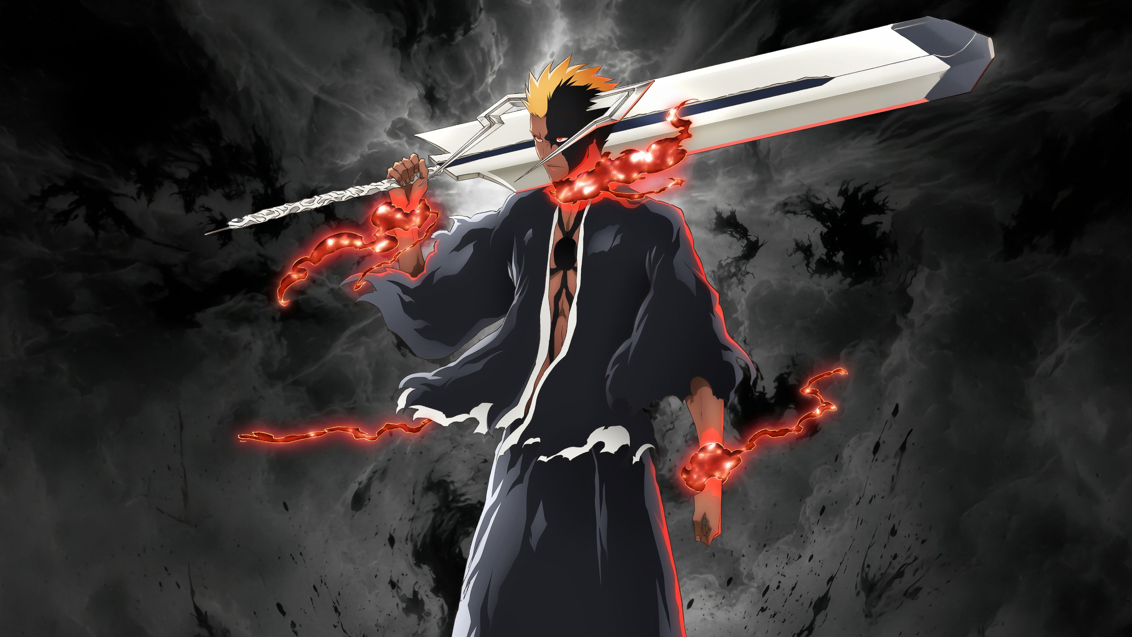 4K UHD Ichigo Kurosaki Bleach Thousand-Year Blood War wallpaper on a dark background, anime desktop background.