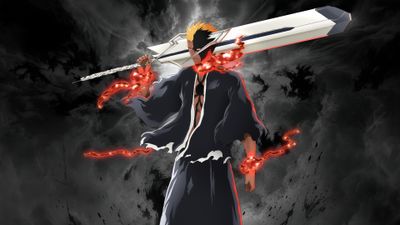4K UHD Ichigo Kurosaki Bleach Thousand-Year Blood War wallpaper on a dark background, anime desktop background.