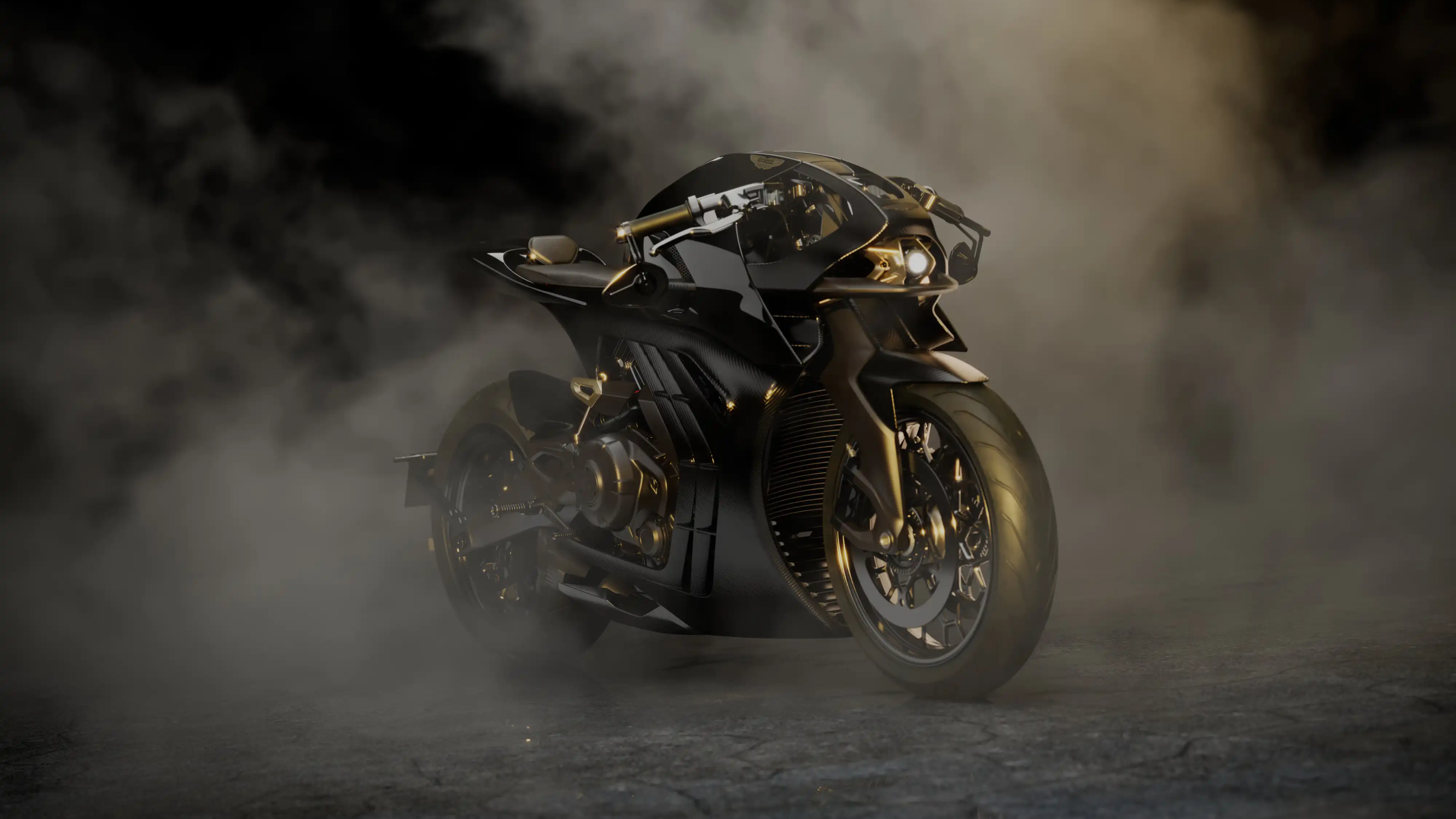 4K UHD Brough Superior Aston Martin AMB 002 Roadster wallpaper with futuristic superbike styling on a dark theme, high-resolution desktop background.