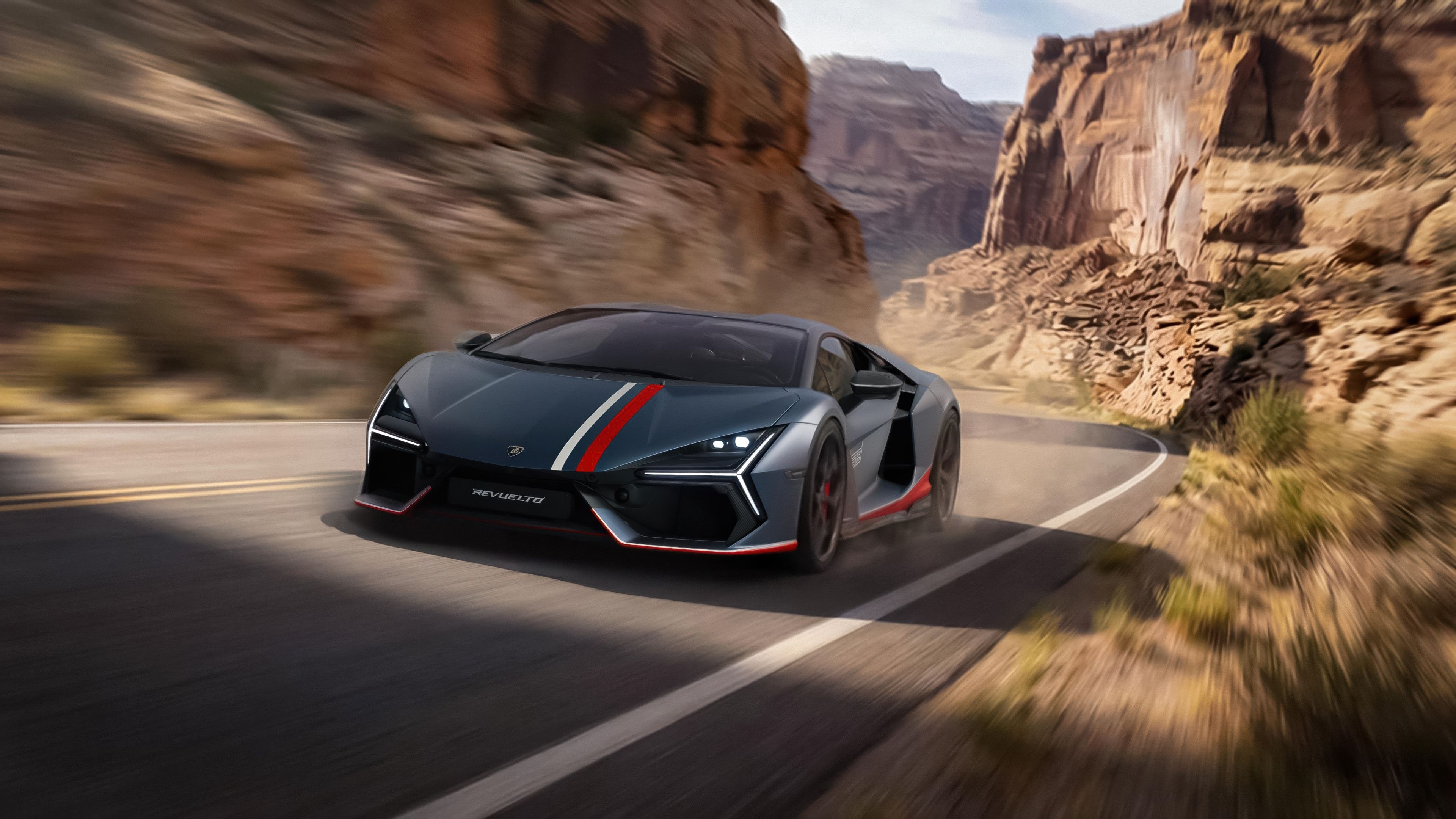 Lamborghini Revuelto Racing stripes ultra HD 4K wallpaper